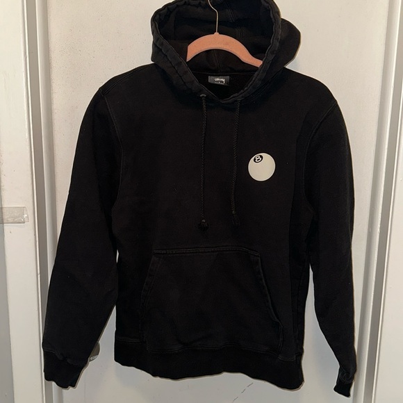 Stussy 8-ball black hoodie with graphic on back Sz Small- great condition - Picture 1 of 7